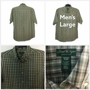 Men’s David Taylor L Large Button Front Casual Shirt Olive Green Plaid Tan NWOT